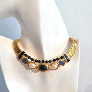 Monet gold tone collar choker necklace faux pearls blue Gripoix glass cabochons
